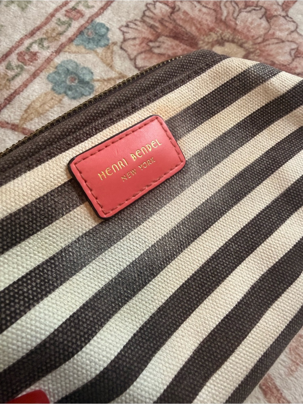 henri bendel Black and Cream Striped Cosmetic Pouch with Coral Accent - Picture 3 of 7
